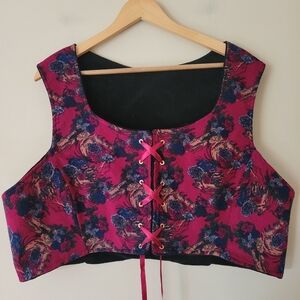 Retro Handmade Dirndl Style Corduroy Dark Romantic Floral Corset Vest XXL